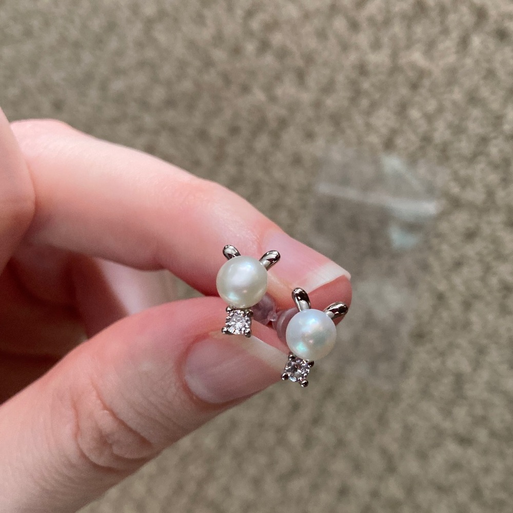 Real Freshwater Pearl Stud Post Earrings with CZ Gems